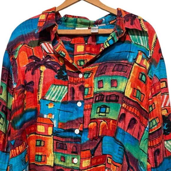 Chicos Linen Button Up Multicolor Village City Artsy Colorful Womens XL 3 - Picture 4 of 12